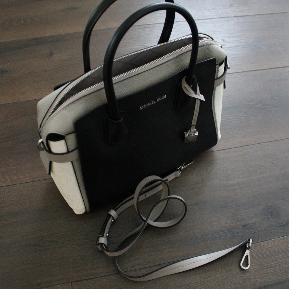 Michael Kors Black and White Colorblock Leather Satchel - Picture 7 of 7